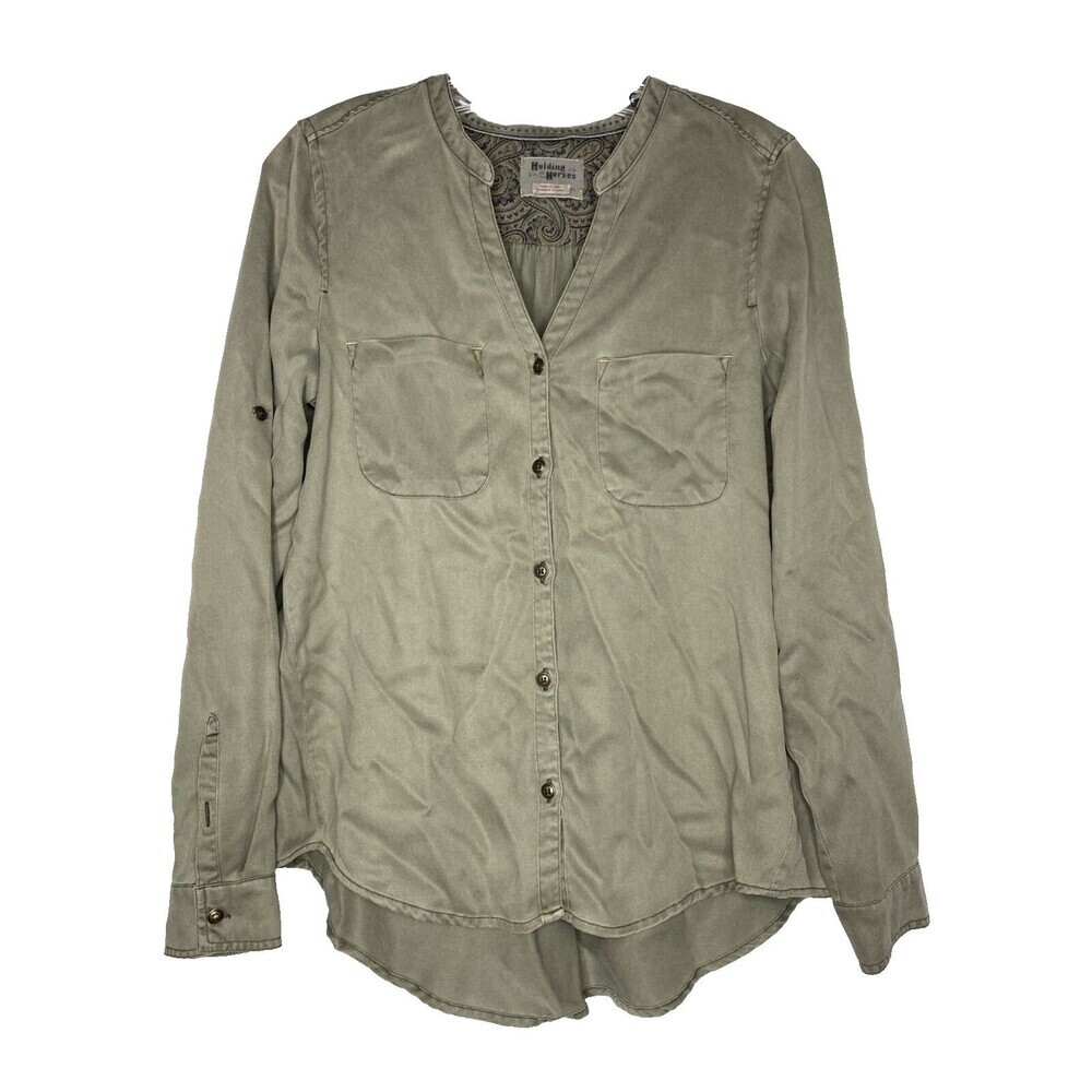 HOLDING HORSES Anthropologie Top Women XS Green Button Front Long Sleeve Roll Up